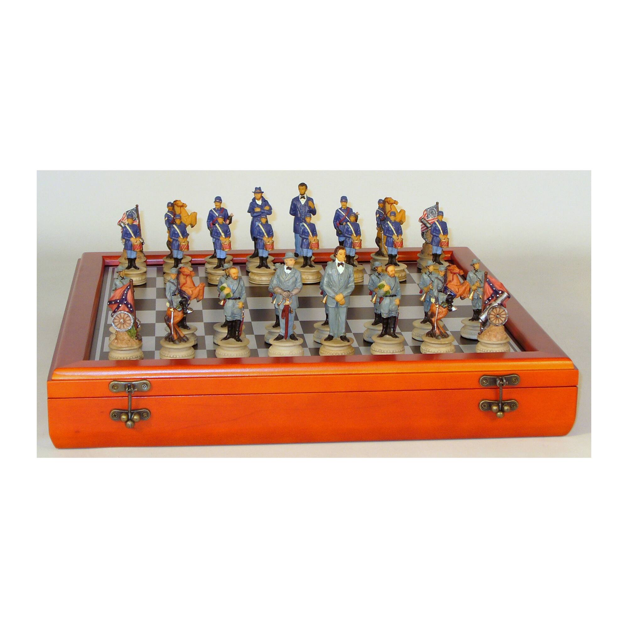 3.25" Civil War Generals Painted Resin Men Chess Set with Cherry Stained Chest Board